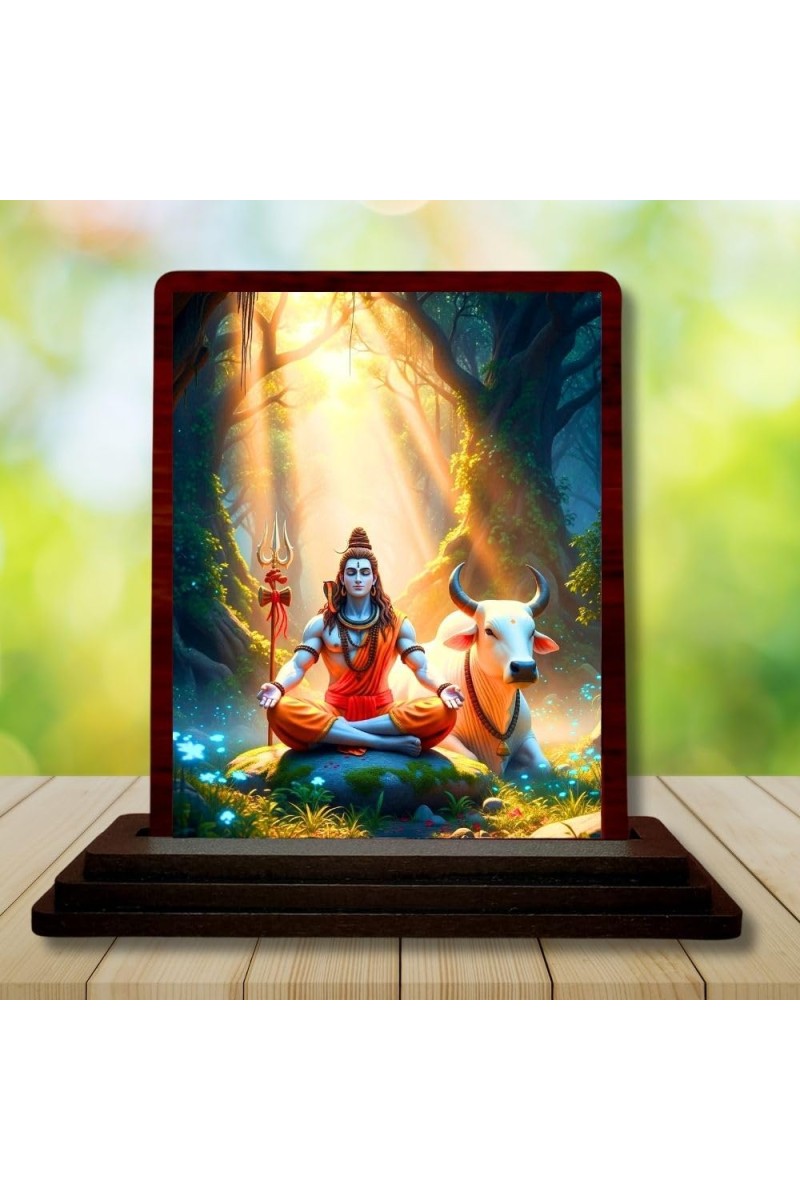 Car Desk/Table Top Lord Shiva Wooden Photo Stand 3x4 Inches, Compact & Stylish Spiritual Display For Car, Home & Office (Pack Of 1) (F14626)