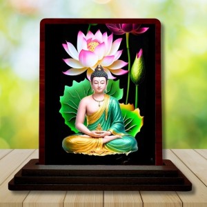 Car Desk/Table Top Lord Buddha Wooden Photo Stand 3x4 Inches, Compact & Stylish Spiritual Display For Car, Home & Office (Pack Of 1) (F14410)
