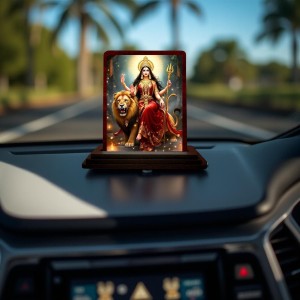 Car Desk/Table Top Goddess Durga Wooden Photo Stand 3x4 Inches, Compact & Stylish Spiritual Display For Car, Home & Office (Pack Of 1) (F14427)