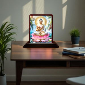 Car Desk/Table Top Lord Buddha Wooden Photo Stand 3x4 Inches, Compact & Stylish Spiritual Display For Car, Home & Office (Pack Of 1) (F14411)