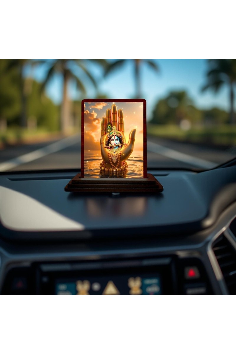 Car Desk/Table Top Lord Krishna Wooden Photo Stand 3x4 Inches, Compact & Stylish Spiritual Display For Car, Home & Office (Pack Of 1) (F14384)