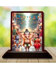 Car Desk/Table Top Lord Ganesha And Shiva Parvathi Wooden Photo Stand 3x4 Inches, Compact & Stylish Spiritual Display For Car, Home & Office (Pack Of 1) (F14380)