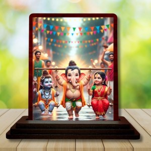 Car Desk/Table Top Lord Ganesha And Shiva Parvathi Wooden Photo Stand 3x4 Inches, Compact & Stylish Spiritual Display For Car, Home & Office (Pack Of 1) (F14380)