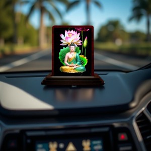Car Desk/Table Top Lord Buddha Wooden Photo Stand 3x4 Inches, Compact & Stylish Spiritual Display For Car, Home & Office (Pack Of 1) (F14410)
