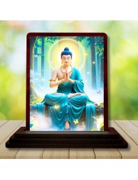 Car Desk/Table Top Lord Buddha Wooden Photo Stand 3x4 Inches, Compact & Stylish Spiritual Display For Car, Home & Office (Pack Of 1) (F14423)