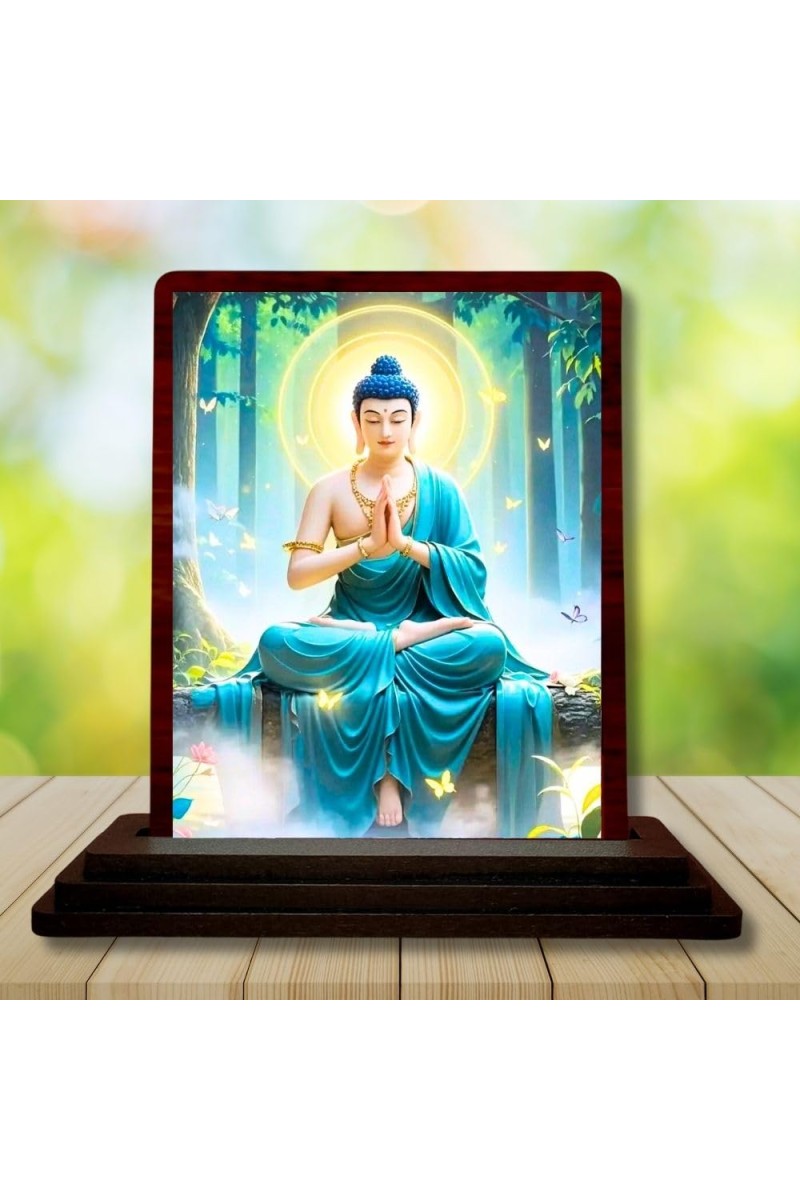 Car Desk/Table Top Lord Buddha Wooden Photo Stand 3x4 Inches, Compact & Stylish Spiritual Display For Car, Home & Office (Pack Of 1) (F14423)