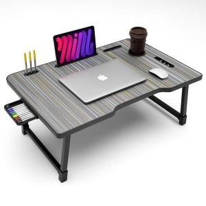 Hitech Sales, Portable Laptop Table with Foldable Legs, Multi-Utility Slots & Gray Striped Woodgrain Finish – Bed Table for Work, Study & Entertainment