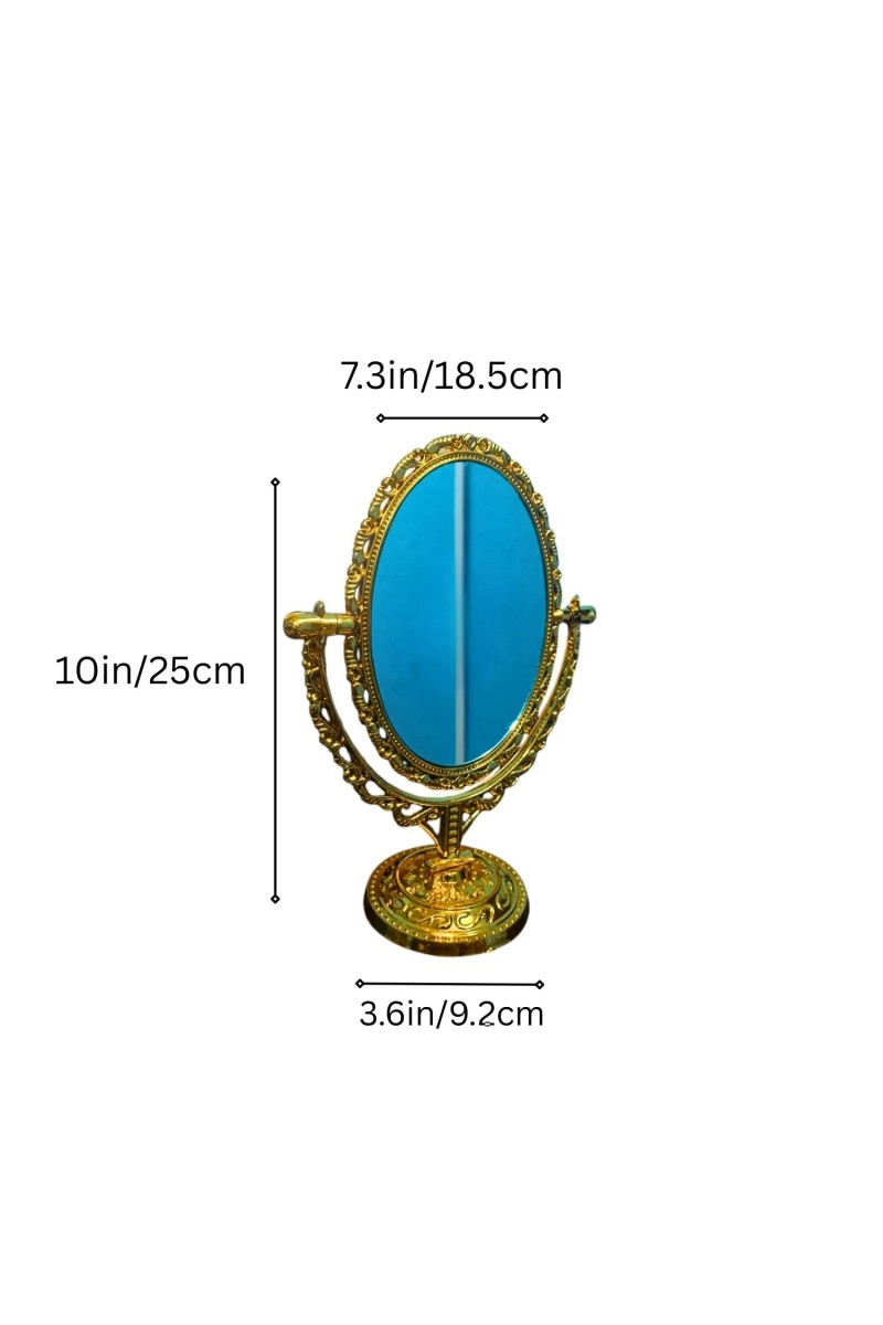 Vintage Oval Tabletop Mirror with Ornate Golden Frame – Classic Decorative Vanity Mirror, Rotating Double-Sided Design for Makeup & Dressing