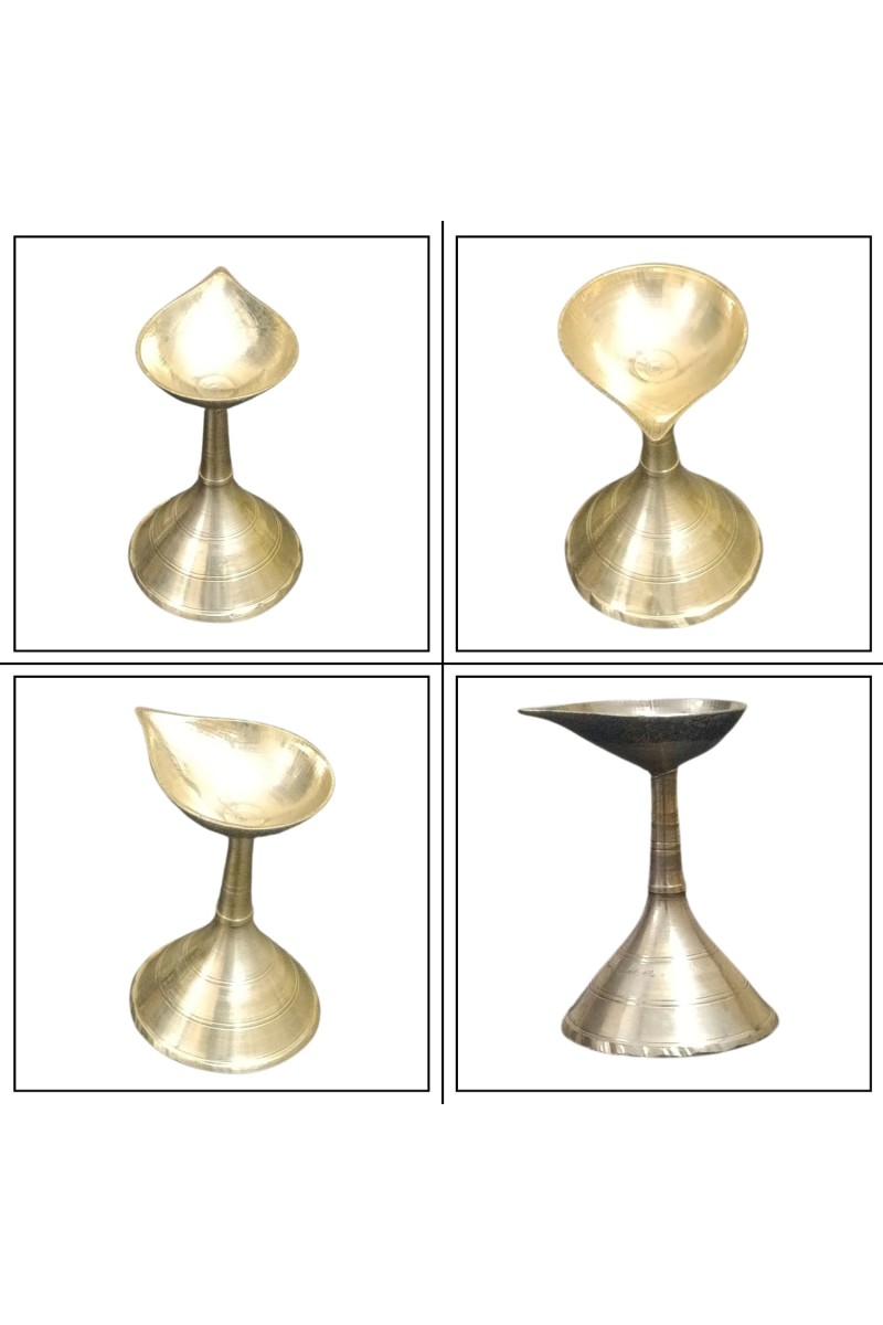 HiTechMart Traditional Brass Gacha Diya with Stand for Puja - Pital Gacha Prodeep or Pradip, Golden Finish