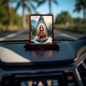 Car Desk/Table Top Goddess Durga Wooden Photo Stand 3x4 Inches, Compact & Stylish Spiritual Display For Car, Home & Office (Pack Of 1) (F14426)