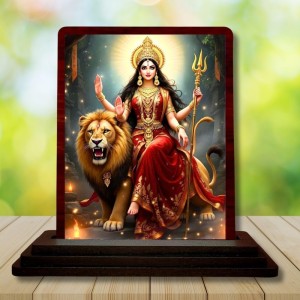 Car Desk/Table Top Goddess Durga Wooden Photo Stand 3x4 Inches, Compact & Stylish Spiritual Display For Car, Home & Office (Pack Of 1) (F14427)