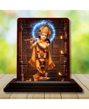 Car Desk/Table Top Lord Krishna Wooden Photo Stand 3x4 Inches, Compact & Stylish Spiritual Display For Car, Home & Office (Pack Of 1) (F14387)