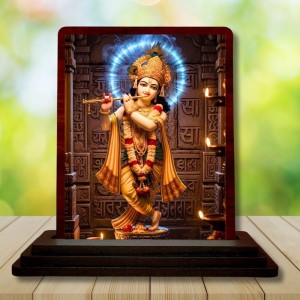 Car Desk/Table Top Lord Krishna Wooden Photo Stand 3x4 Inches, Compact & Stylish Spiritual Display For Car, Home & Office (Pack Of 1) (F14387)