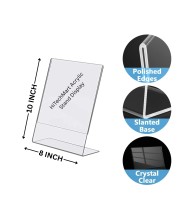 Acrylic Tent Card Holder, Slanted L Shape Menu Display Stand, Clear Portrait Frame for Desk, Photo, Flyer, Document, Paper Display, 3MM Premium Cast Acrylic Signage Stand(8x10-2Pcs)