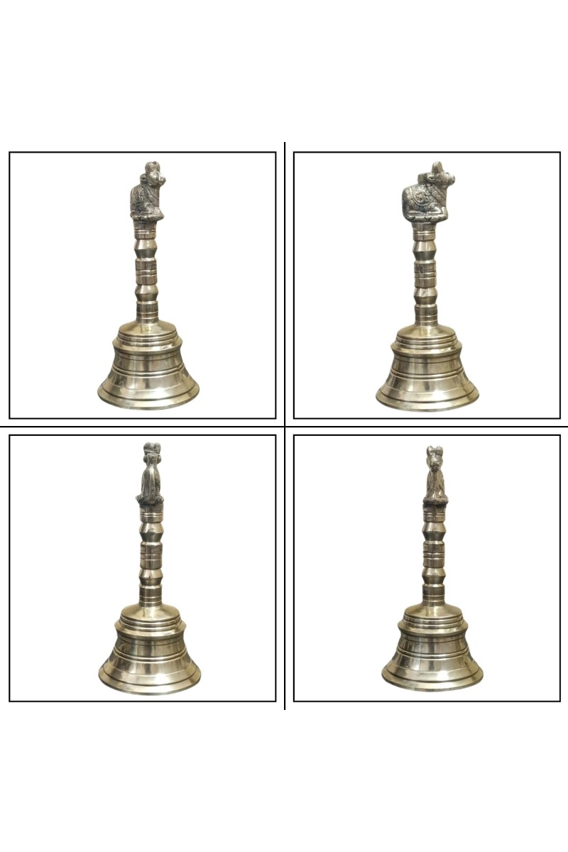 HiTechMart Traditional Brass Hand Bell with Nandi Design – Antique Finish for Puja