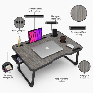 Hitech Sales, Portable Laptop Table with Foldable Legs, Multi-Utility Slots & Gray Striped Woodgrain Finish – Bed Table for Work, Study & Entertainment