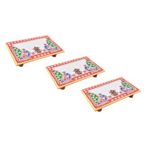 HiTechMart Makrana Marble Rectangular Puja Chowki with Hand-Painted Meenakari & Kundan Work – Decorative Bajot/Singhasan for Home Mandir, Vrat, Festivals, Pooja & Gifting Purpose (3, Rectangular)