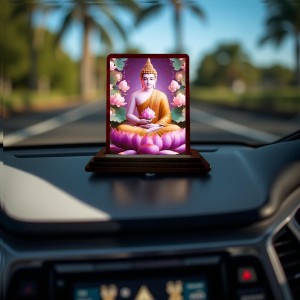 Car Desk/Table Top Lord Buddha Wooden Photo Stand 3x4 Inches, Compact & Stylish Spiritual Display For Car, Home & Office (Pack Of 1) (F14415)