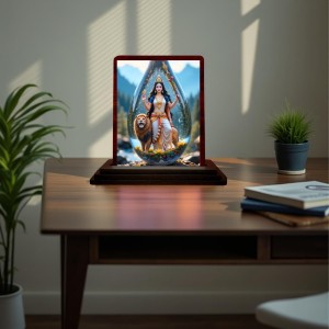 Car Desk/Table Top Goddess Durga Wooden Photo Stand 3x4 Inches, Compact & Stylish Spiritual Display For Car, Home & Office (Pack Of 1) (F14413)