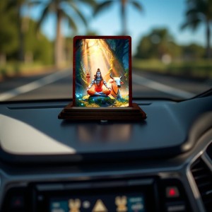 Car Desk/Table Top Lord Shiva Wooden Photo Stand 3x4 Inches, Compact & Stylish Spiritual Display For Car, Home & Office (Pack Of 1) (F14626)