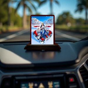 Car Desk/Table Top Goddess Durga Matha Wooden Photo Stand 3x4 Inches, Compact & Stylish Spiritual Display For Car, Home & Office (Pack Of 1) (F14418)