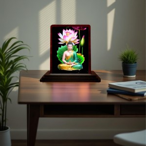Car Desk/Table Top Lord Buddha Wooden Photo Stand 3x4 Inches, Compact & Stylish Spiritual Display For Car, Home & Office (Pack Of 1) (F14410)