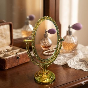 Vintage Oval Tabletop Mirror with Ornate Golden Frame – Classic Decorative Vanity Mirror, Rotating Double-Sided Design for Makeup & Dressing