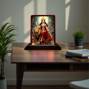 Car Desk/Table Top Goddess Durga Wooden Photo Stand 3x4 Inches, Compact & Stylish Spiritual Display For Car, Home & Office (Pack Of 1) (F14427)