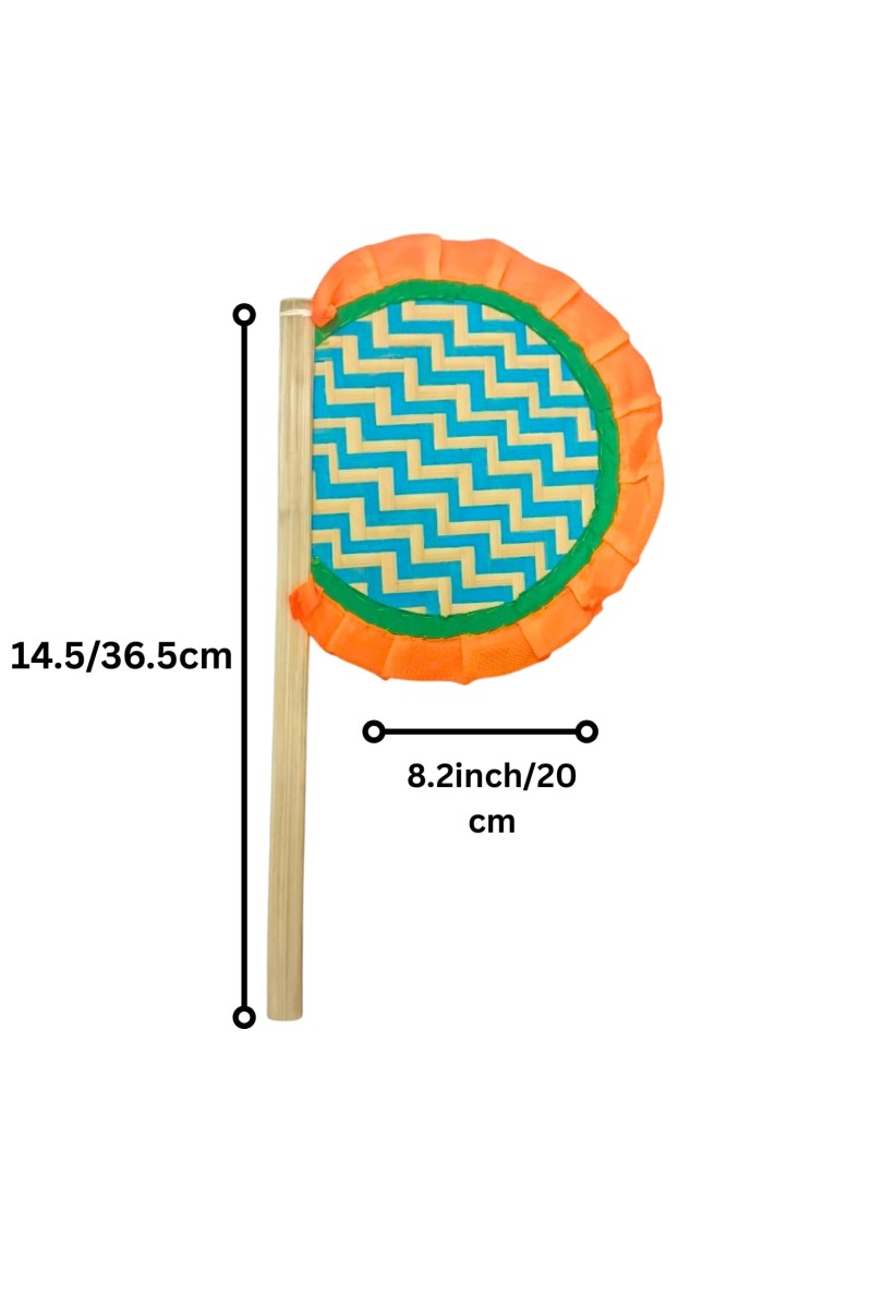 Handmade Bamboo Hand Fan (Hatpakha) – Traditional Hand-Painted Handheld Fan for Cool Air, Home Décor, Festivals & Puja | Eco-Friendly Travel Fan (14.5 × 8.2 cm) (Orange)