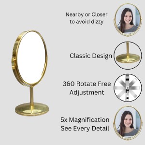 HiTechMart Golden Tabletop Makeup Mirror – Double-Sided, 360° Rotating Vanity Mirror with Elegant Metal Frame for Beauty, Skincare & Grooming