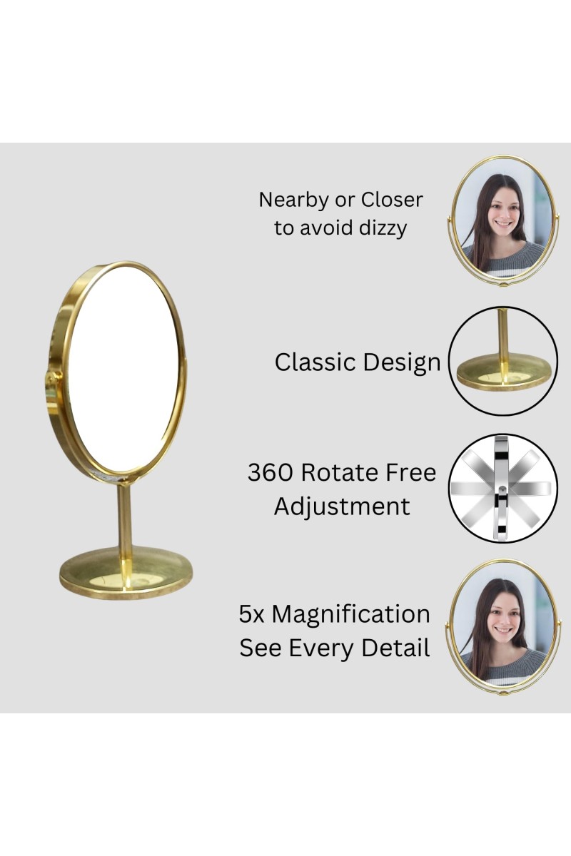 HiTechMart Golden Tabletop Makeup Mirror – Double-Sided, 360° Rotating Vanity Mirror with Elegant Metal Frame for Beauty, Skincare & Grooming