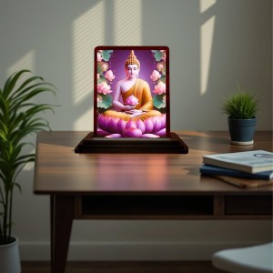 Car Desk/Table Top Lord Buddha Wooden Photo Stand 3x4 Inches, Compact & Stylish Spiritual Display For Car, Home & Office (Pack Of 1) (F14415)