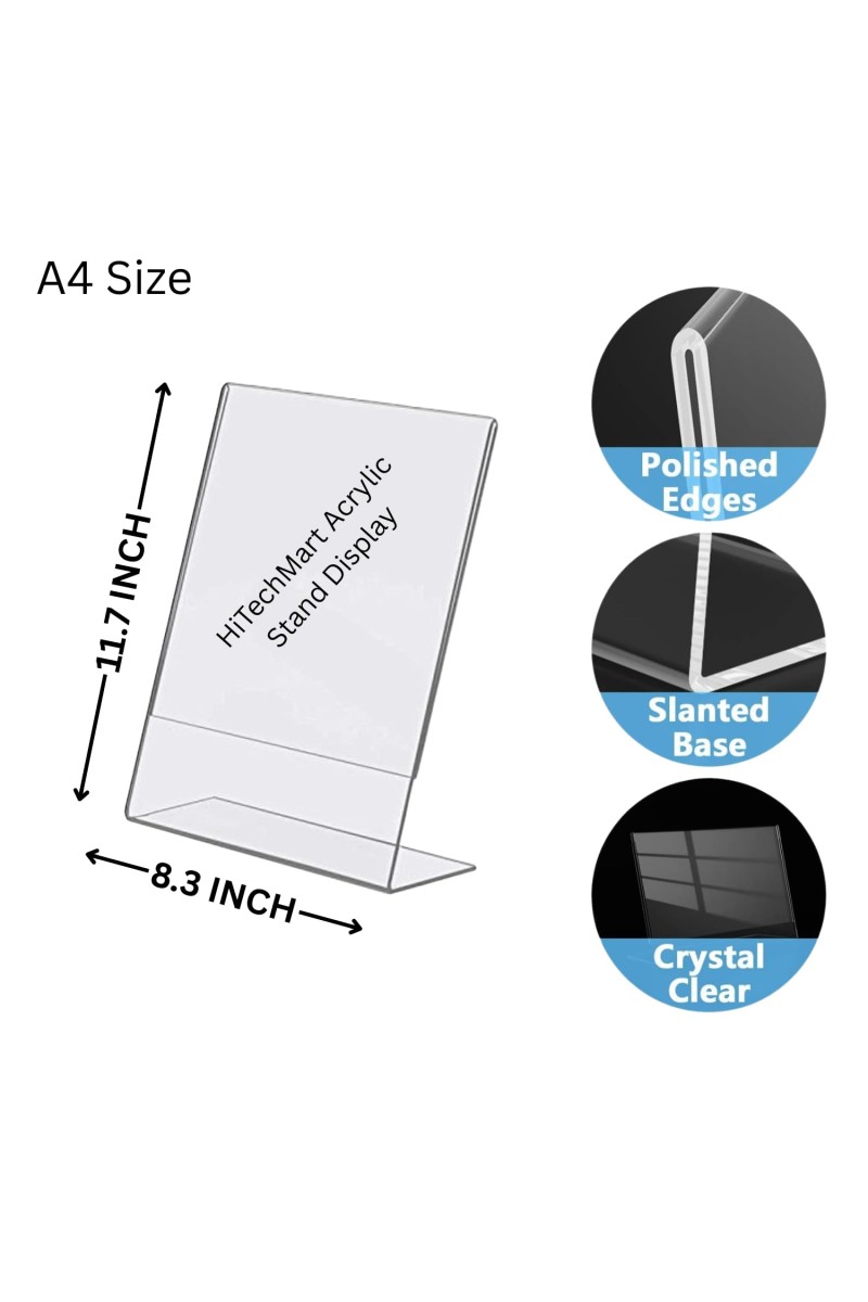 Acrylic Tent Card Holder, Slanted L Shape Menu Display Stand, Clear Portrait Frame for Desk, Photo, Flyer, Document, Paper Display, 3MM Premium Cast Acrylic Signage Stand, A4 Size/3Pcs