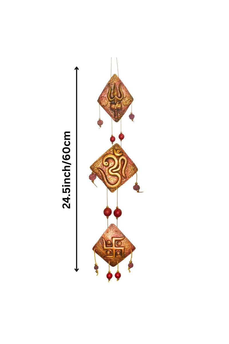Handcrafted Terracotta Wall Hanging Ornament with Trishul, Om & Swastik Symbols | Decorative Spiritual Home décor for Entrance, Pooja Room & Living Room (Triangular)