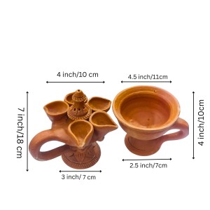 Panch Pradeep with Dhunuchi Combo - Traditional Handcrafted Terracotta 5-Lamp Oil Holder & Incense Holder for Pooja, Religious Ceremonies, Diwali, and Festivals