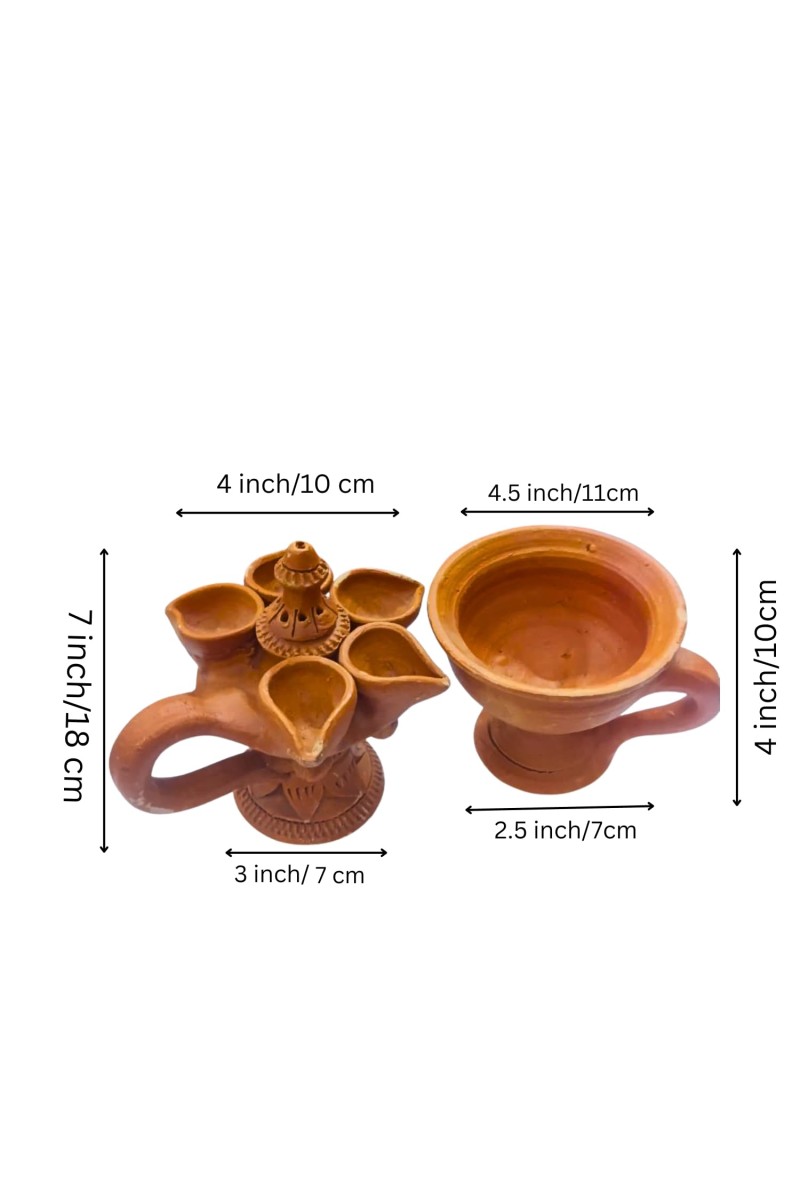 Panch Pradeep with Dhunuchi Combo - Traditional Handcrafted Terracotta 5-Lamp Oil Holder & Incense Holder for Pooja, Religious Ceremonies, Diwali, and Festivals