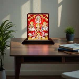 Car Desk/Table Top Goddess Lakshmi Ganesha Kubera Wooden Photo Stand 3x4 Inches, Compact & Stylish Spiritual Display For Car, Home & Office (Pack Of 1) (F14566)