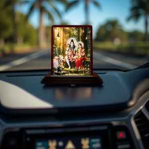 Car Desk/Table Top Lord Shiva And Parvathi Wooden Photo Stand 3x4 Inches, Compact & Stylish Spiritual Display For Car, Home & Office (Pack Of 1) (F14390)