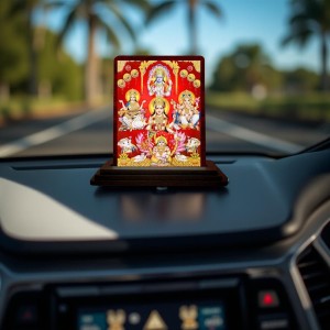 Car Desk/Table Top Goddess Lakshmi Ganesha Kubera Wooden Photo Stand 3x4 Inches, Compact & Stylish Spiritual Display For Car, Home & Office (Pack Of 1) (F14566)