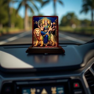Car Desk/Table Top Goddess Durga Wooden Photo Stand 3x4 Inches, Compact & Stylish Spiritual Display For Car, Home & Office (Pack Of 1) (F14412)