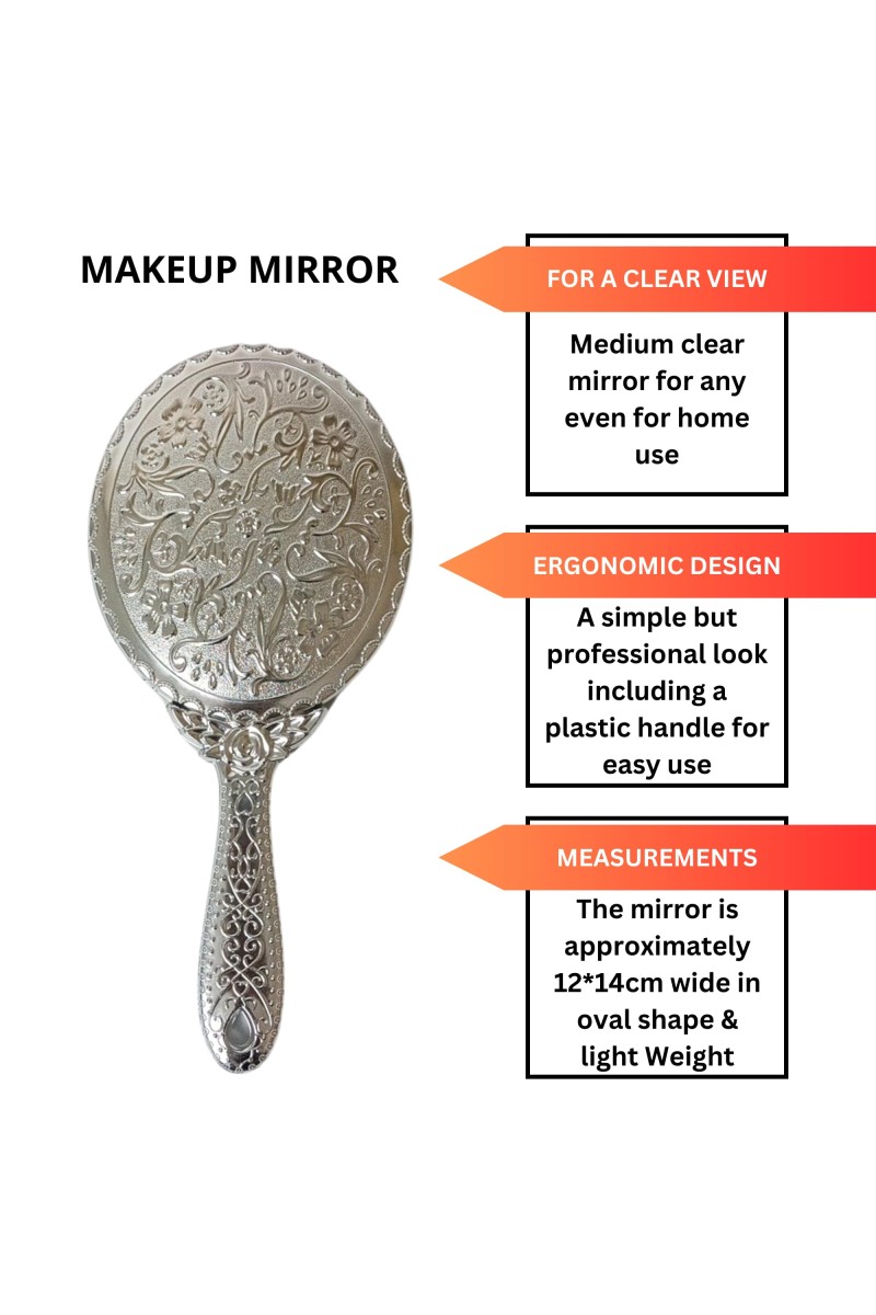 Hitech Sales Oval Silver-Plated Plastic Hand Mirror with One Wooden Hair Comb Free - Portable Mirror for Makeup, Travel, and Daily Use (Medium Size, Pack of 1)
