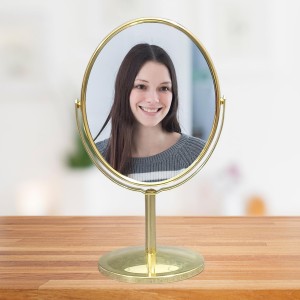 HiTechMart Golden Tabletop Makeup Mirror – Double-Sided, 360° Rotating Vanity Mirror with Elegant Metal Frame for Beauty, Skincare & Grooming