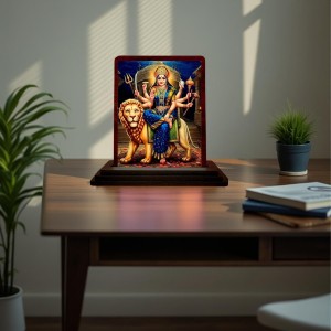 Car Desk/Table Top Goddess Durga Wooden Photo Stand 3x4 Inches, Compact & Stylish Spiritual Display For Car, Home & Office (Pack Of 1) (F14412)