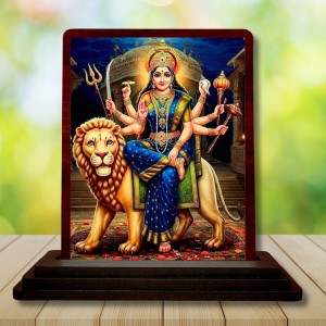 Car Desk/Table Top Goddess Durga Wooden Photo Stand 3x4 Inches, Compact & Stylish Spiritual Display For Car, Home & Office (Pack Of 1) (F14412)