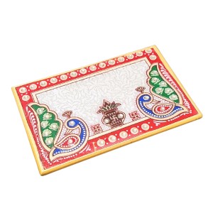 HiTechMart Makrana Marble Rectangular Puja Chowki with Hand-Painted Meenakari & Kundan Work – Decorative Bajot/Singhasan for Home Mandir, Vrat, Festivals, Pooja & Gifting Purpose (1, Rectangular)