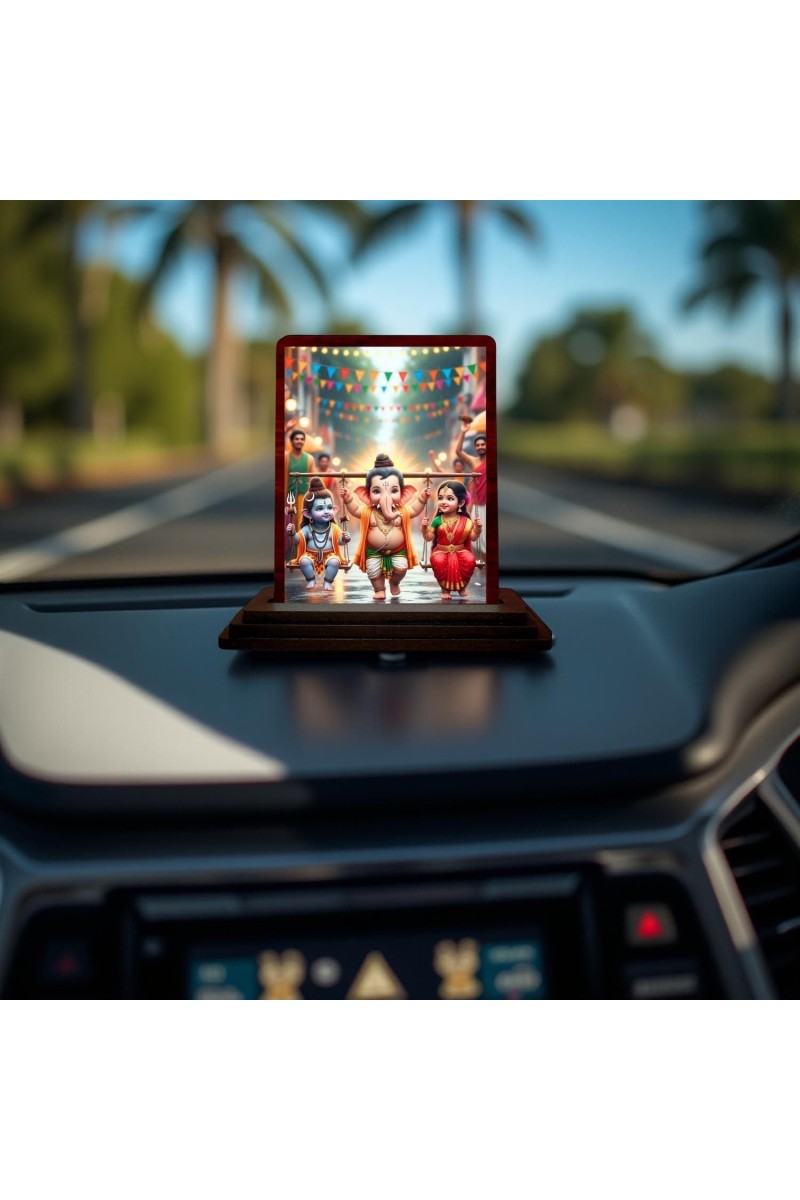 Car Desk/Table Top Lord Ganesha And Shiva Parvathi Wooden Photo Stand 3x4 Inches, Compact & Stylish Spiritual Display For Car, Home & Office (Pack Of 1) (F14380)