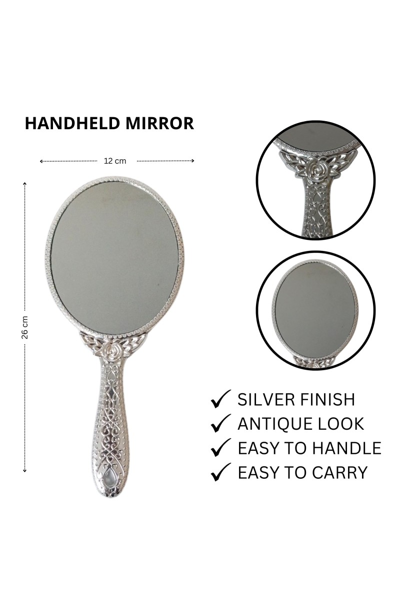 Oval Silver-Plated Plastic Hand Mirror, Medium Size - Portable Mirror for Makeup, Travel, and Daily Use | Pack of 1