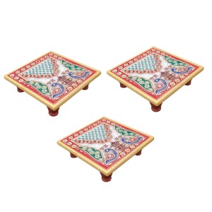 HiTechMart Handcrafted Marble Puja Chowki with Kundan Work, Makrana Marble Pooja Platform with Enamel Painting & Plastic Legs, Decorative Chowki for Mandir, Rituals, Home Décor - 4x4 inch (3, Square)