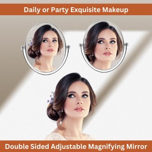 HiTechMart Double-Sided Tabletop Makeup Mirror – 360° Rotating Vanity Mirror with Chrome Finish, Ideal for Beauty, Skincare and Grooming.