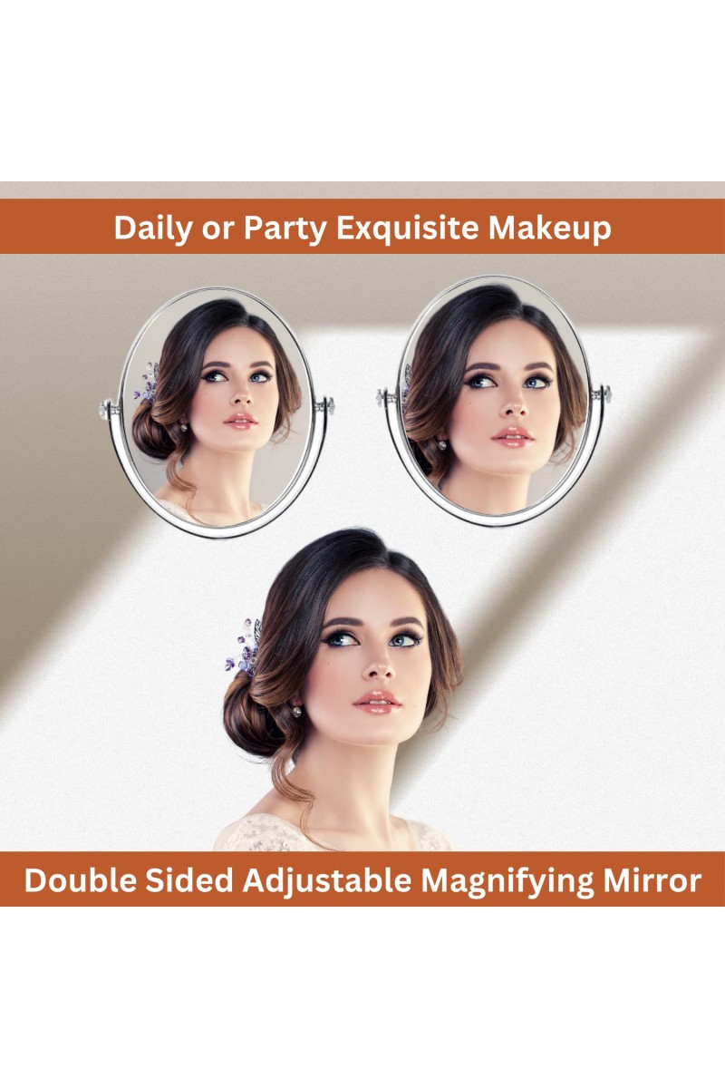 HiTechMart Double-Sided Tabletop Makeup Mirror – 360° Rotating Vanity Mirror with Chrome Finish, Ideal for Beauty, Skincare and Grooming.